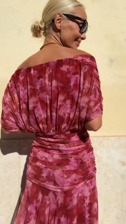 Burgundy Off Shoulder Tie Dye Maxi Dress