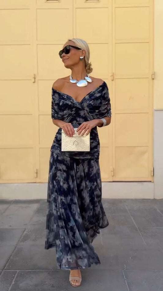 Navy Blue Tie Dye Off Shoulder Maxi Dress
