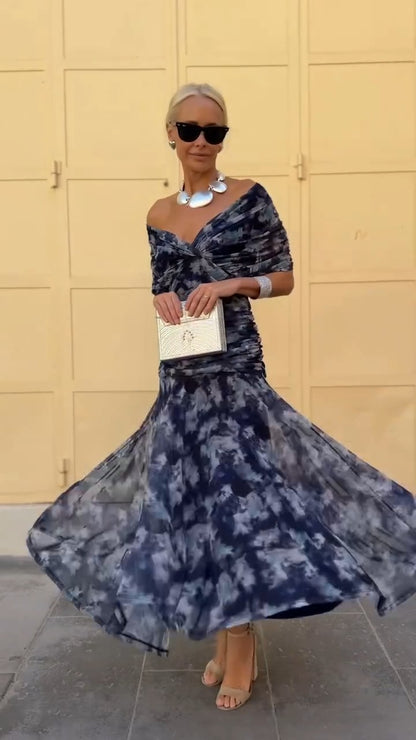 Navy Blue Tie Dye Off Shoulder Maxi Dress