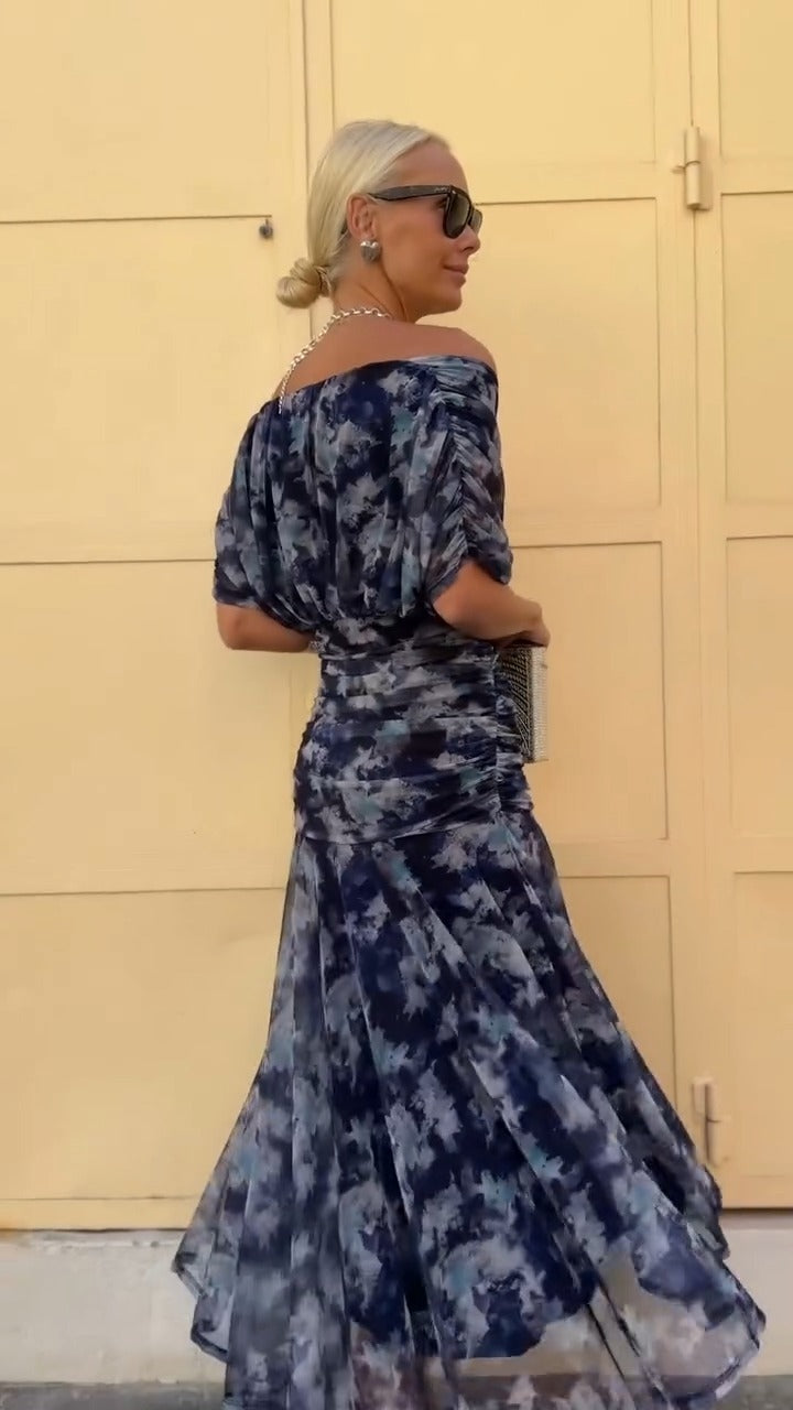 Navy Blue Tie Dye Off Shoulder Maxi Dress