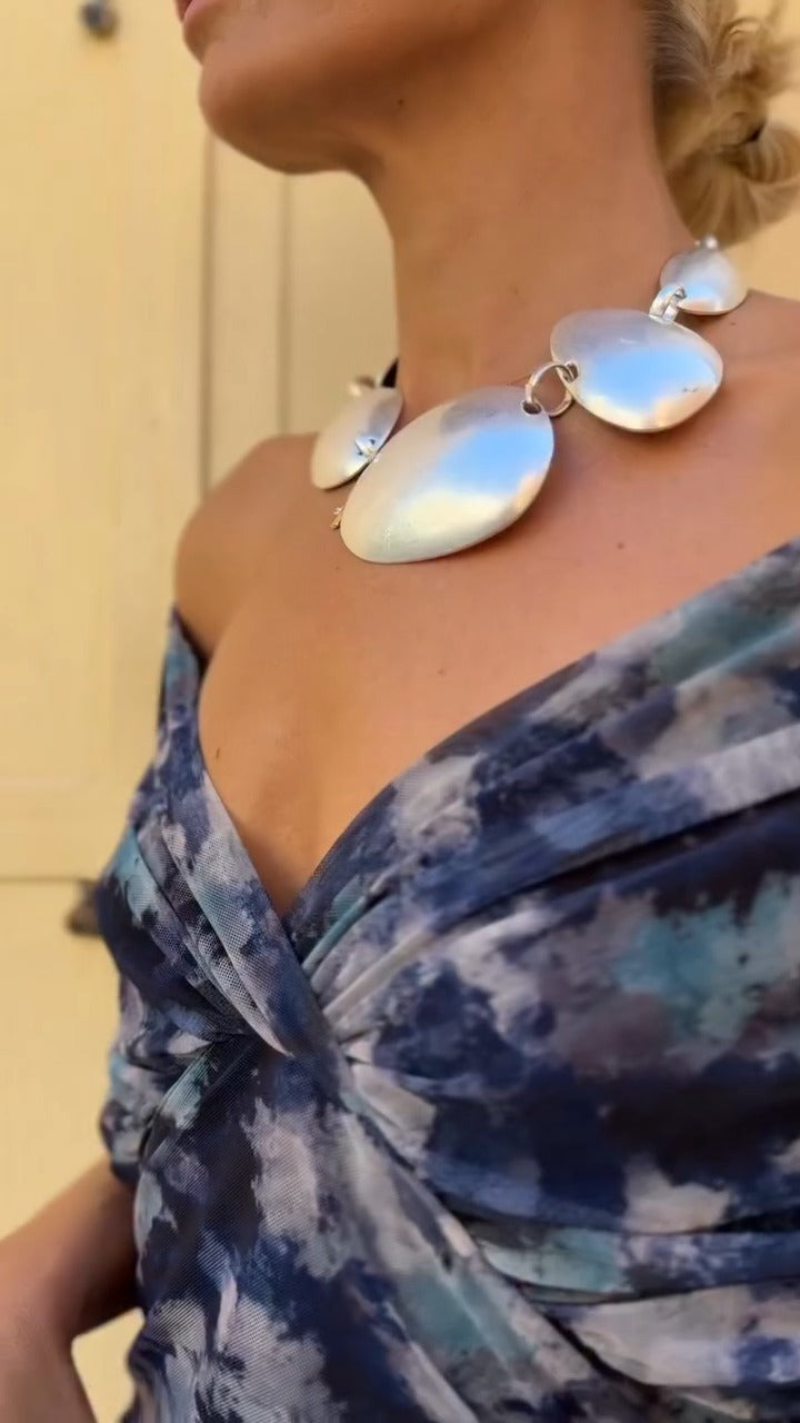Navy Blue Tie Dye Off Shoulder Maxi Dress