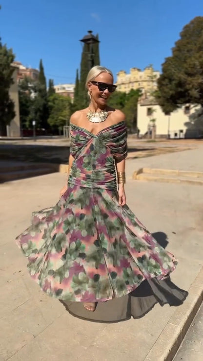 Multicolor Floral Print Off Shoulder Midi Dress