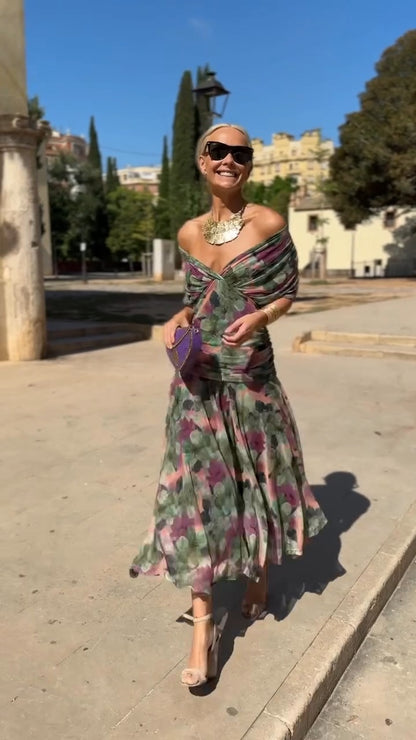 Multicolor Floral Print Off Shoulder Midi Dress