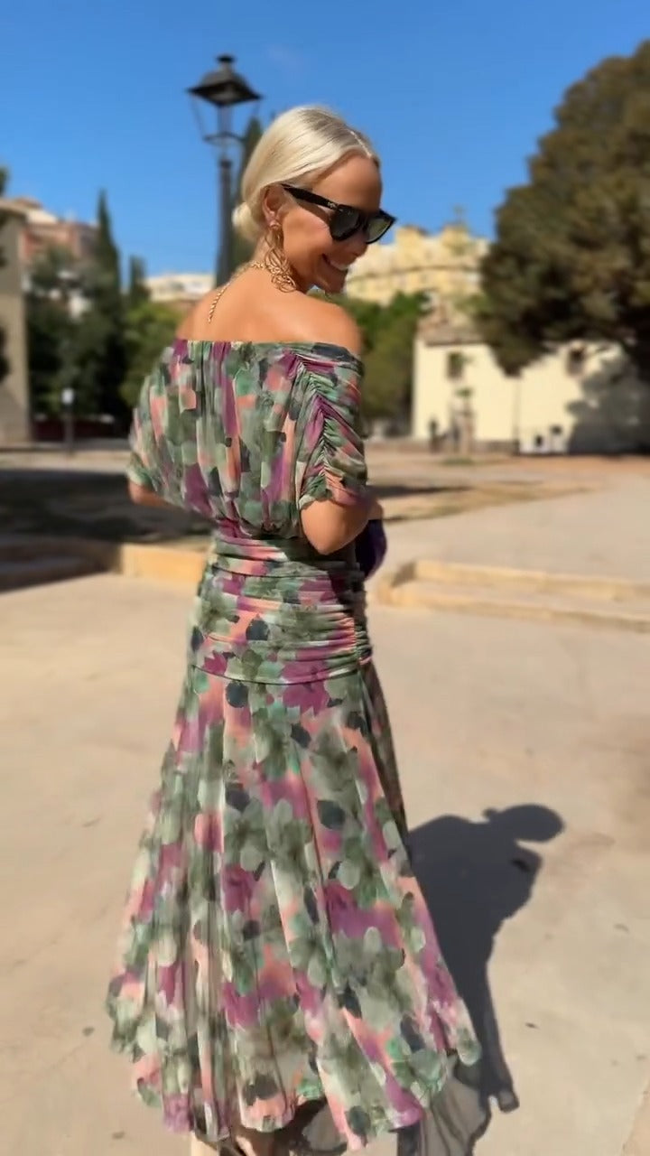 Multicolor Floral Print Off Shoulder Midi Dress