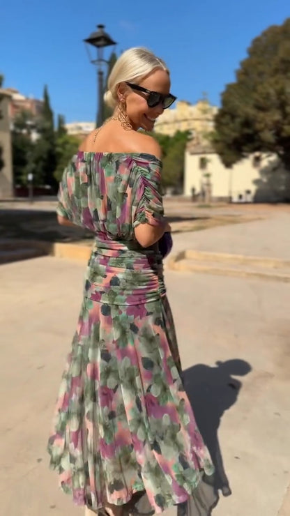 Multicolor Floral Print Off Shoulder Midi Dress