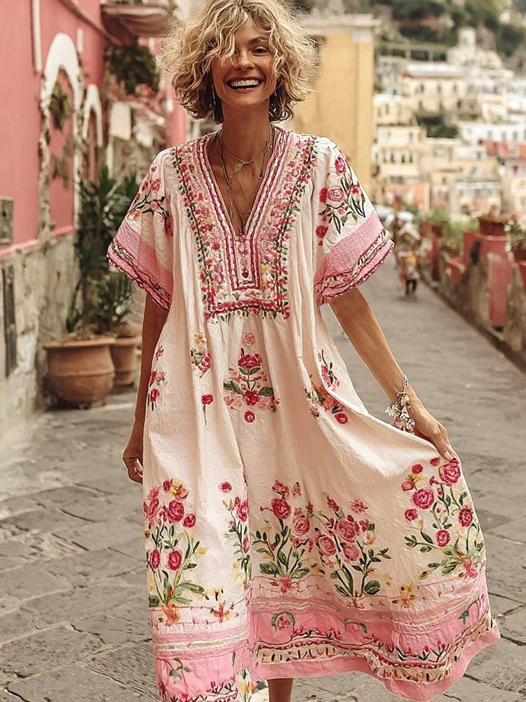 Sweet Short Sleeve Pink Midi Dress