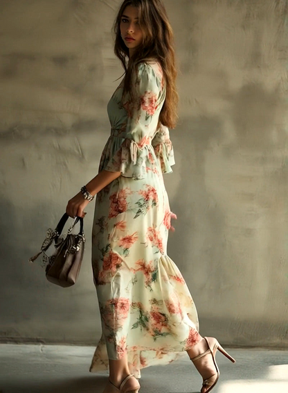 Romantic V-Neck 3/4 Sleeve Maxi Dress
