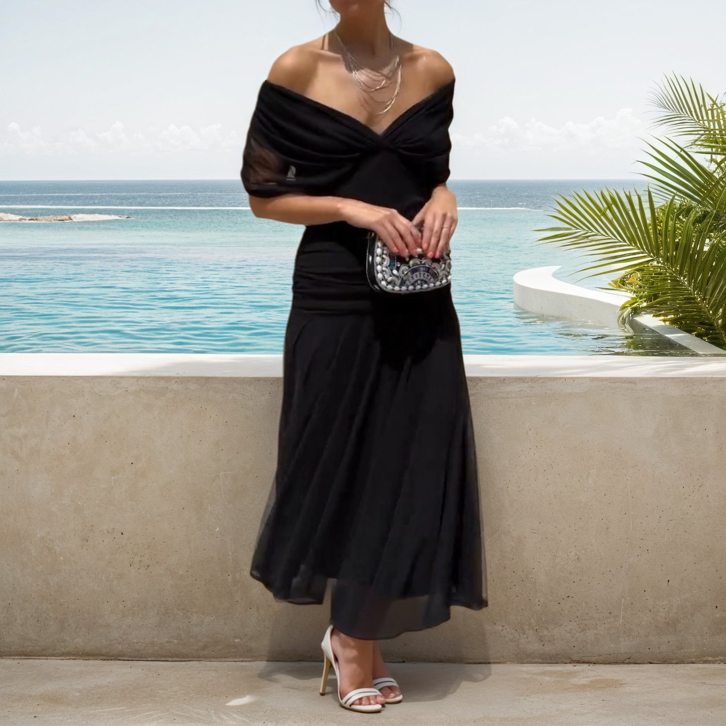 Black Off-Shoulder Chiffon Midi Dress
