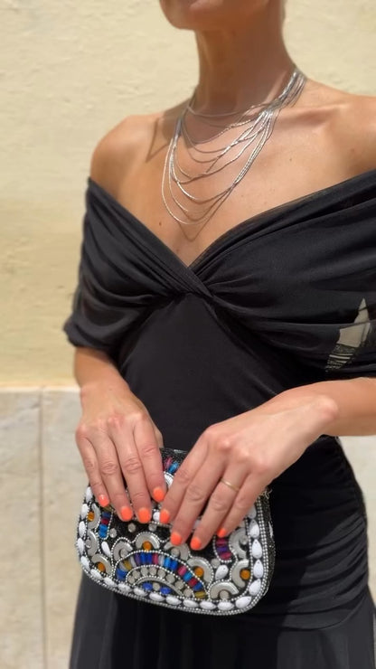 Black Off-Shoulder Chiffon Midi Dress
