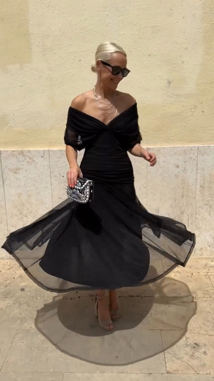 Black Off-Shoulder Chiffon Midi Dress
