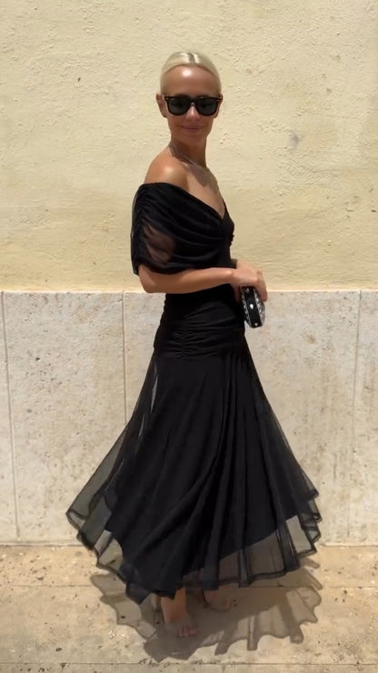 Black Off-Shoulder Chiffon Midi Dress