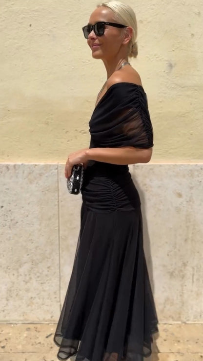 Black Off-Shoulder Chiffon Midi Dress