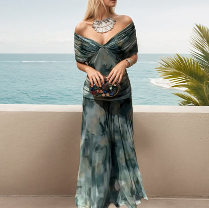 Teal Tie Dye Off Shoulder Maxi Dress
