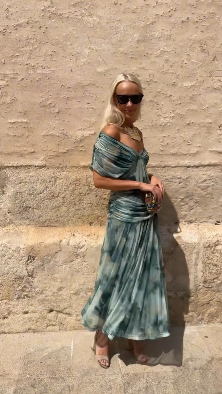 Teal Tie Dye Off Shoulder Maxi Dress