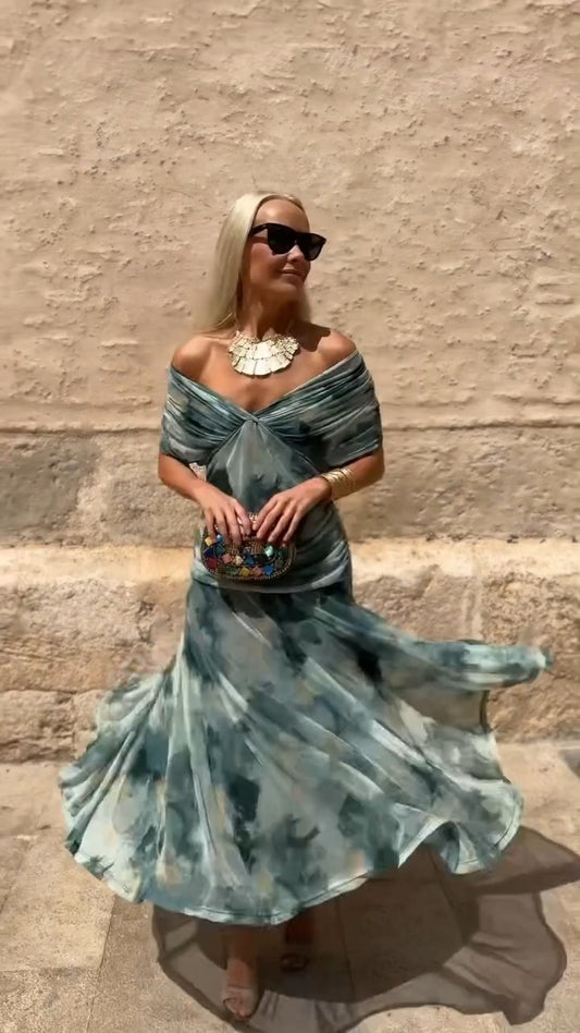 Teal Tie Dye Off Shoulder Maxi Dress