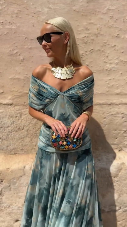 Teal Tie Dye Off Shoulder Maxi Dress