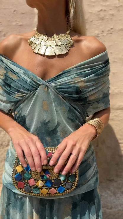 Teal Tie Dye Off Shoulder Maxi Dress