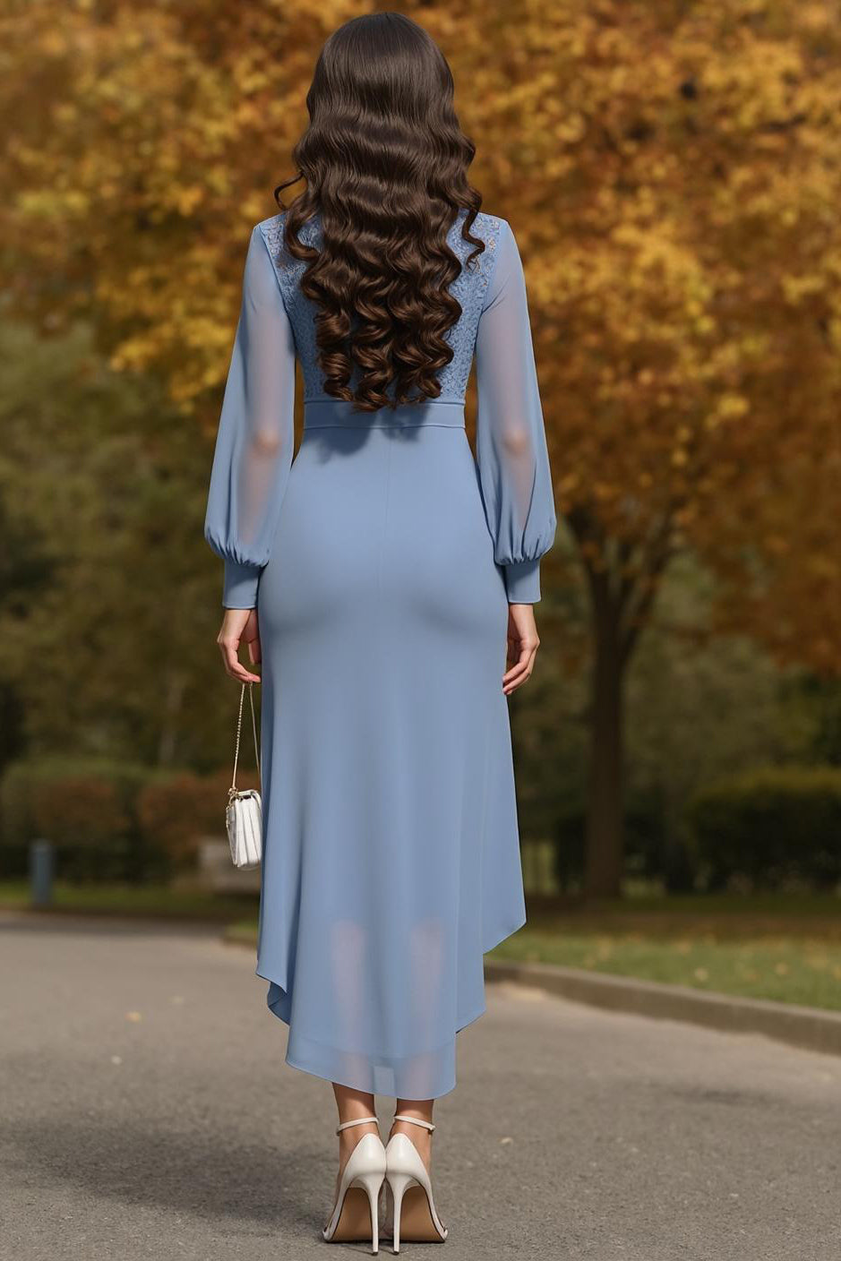 Dusty Blue Lace-Trimmed Asymmetric Midi Dress