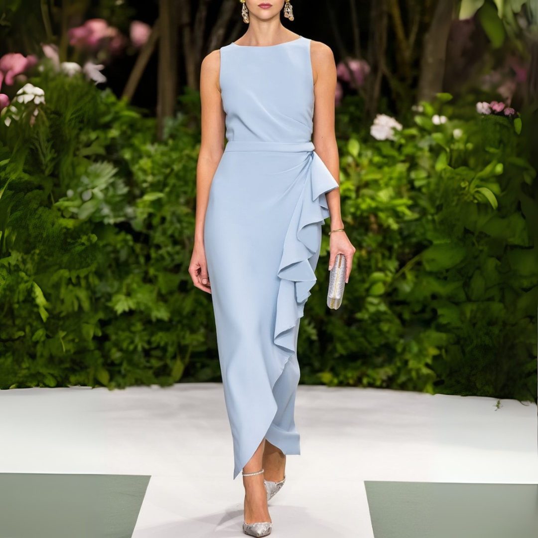 Light Blue Sleeveless Ruffled Asymmetric Midi Dress