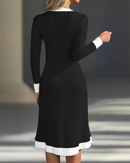 Black Long Sleeve Color Block Midi Dress