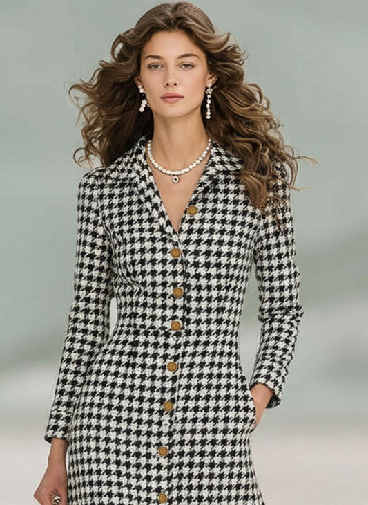 Chic Long Sleeve Houndstooth Maxi Dress