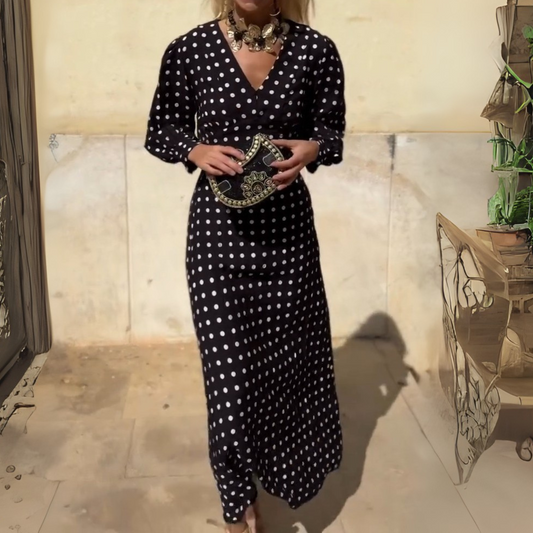 Black Polka Dot V-Neck Long-Sleeve Maxi Dress
