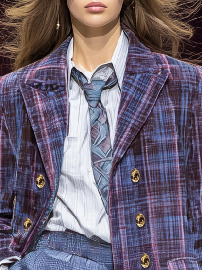 Purple Plaid Long Sleeve Blazer