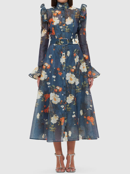 High Collared Neck Printed Ruffled Dress - WOOLX