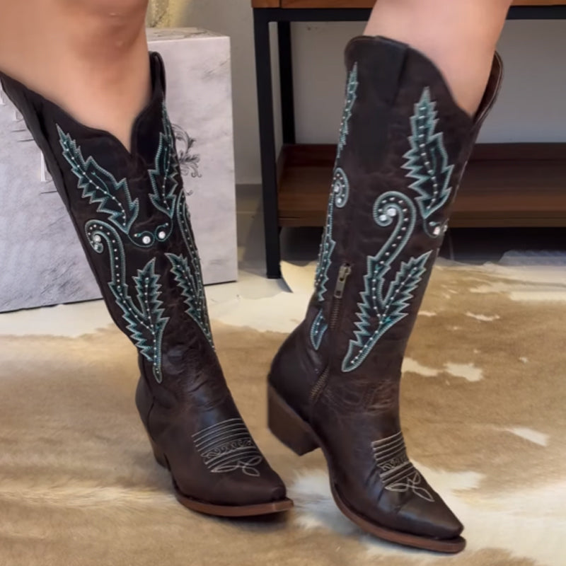 Embroidered Point-Toe Tall Knights Boots - WOOLX