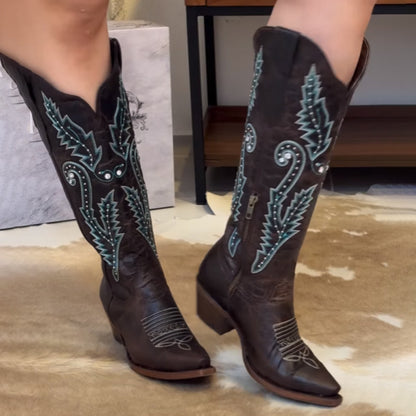 Embroidered Point-Toe Tall Knights Boots - WOOLX