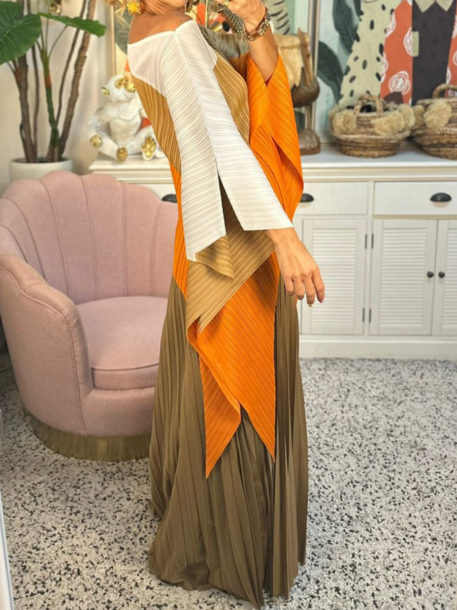 Irregular Color Block Pleated Two Pieces Set - WOOLX