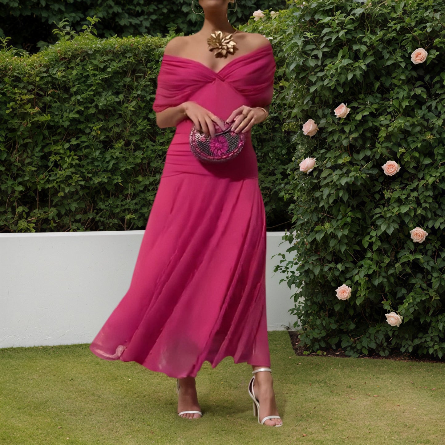 Fuchsia Off Shoulder Chiffon Maxi Dress