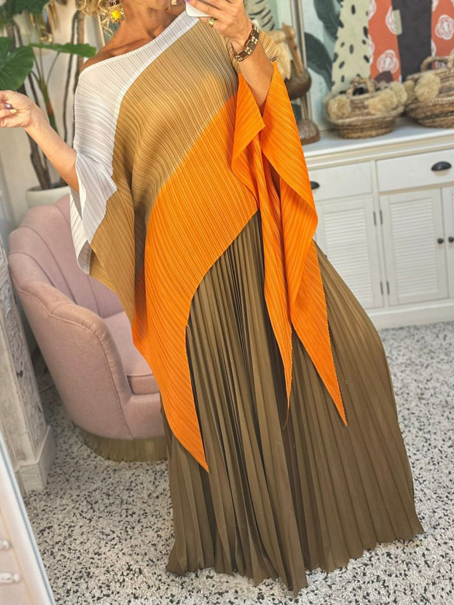 Irregular Color Block Pleated Two Pieces Set - WOOLX