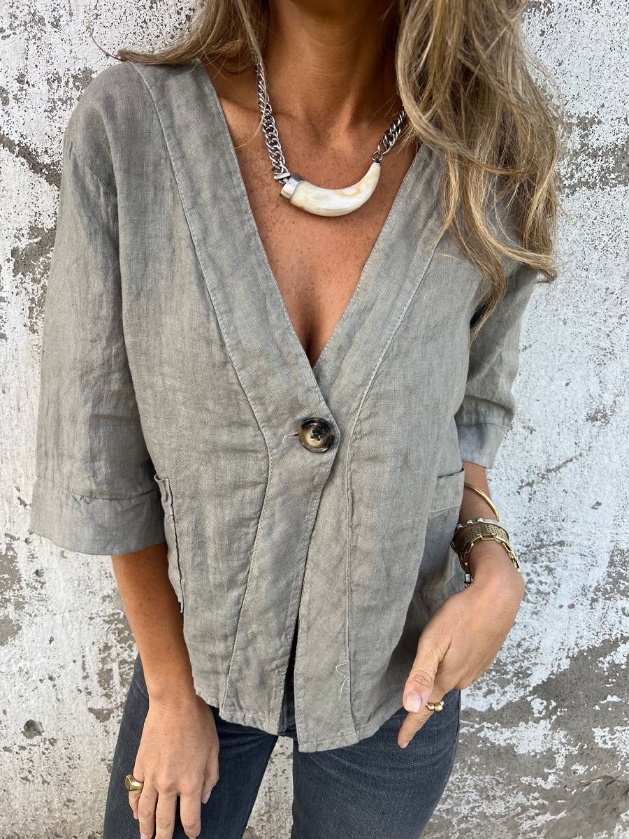 Loose Button Up V Neck Top - WOOLX
