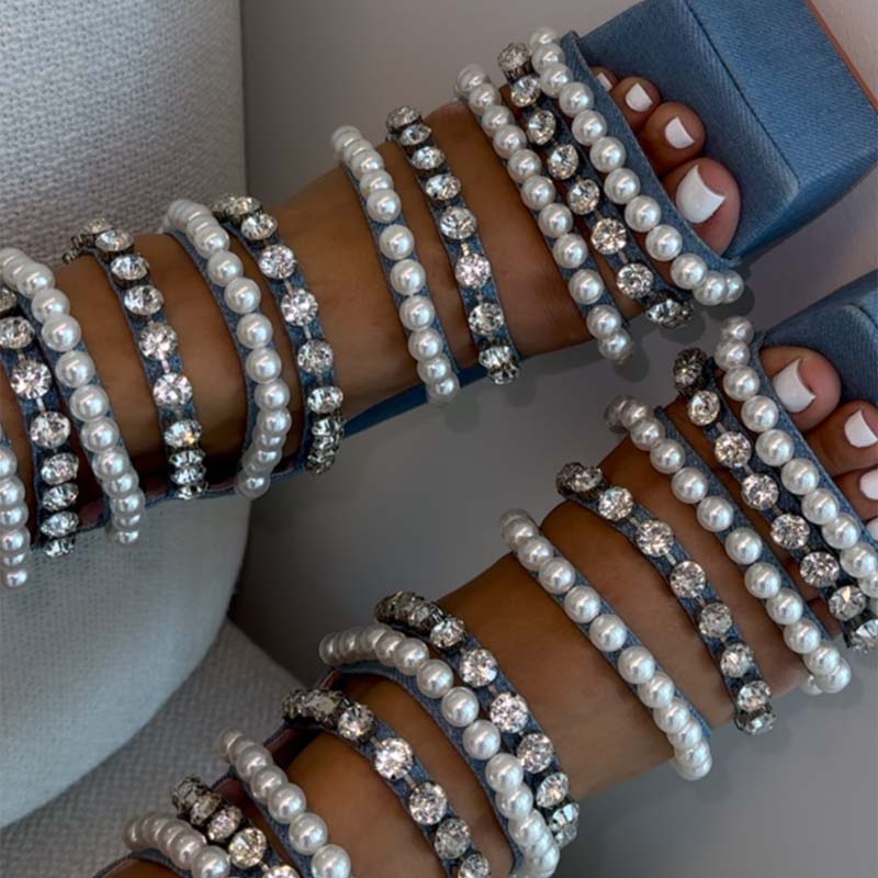Denim Pearls Thick Heeled Sandals - WOOLX