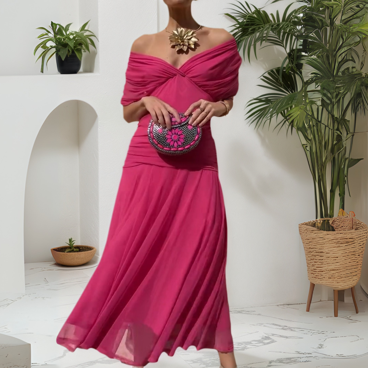 Fuchsia Off Shoulder Chiffon Maxi Dress