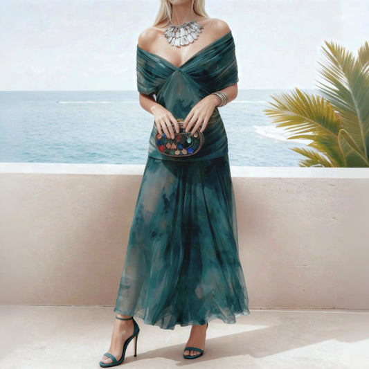 Teal Tie Dye Off Shoulder Maxi Dress