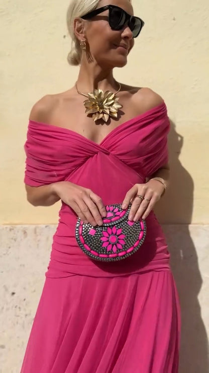 Fuchsia Off Shoulder Chiffon Maxi Dress