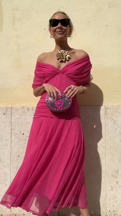 Fuchsia Off Shoulder Chiffon Maxi Dress