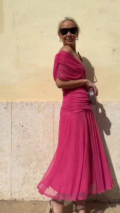 Fuchsia Off Shoulder Chiffon Maxi Dress