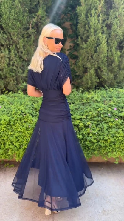 Navy Blue Chiffon V Neck Dress - WOOLX